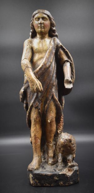 施洗者圣约翰。十八世纪的雕花木雕和多色雕塑。缺少的小零件。高度：43厘米。