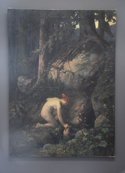 汉斯-贝尔特（1880-1943）。春天。布面油画象征主义，女性裸体在溪边装满水壶...
