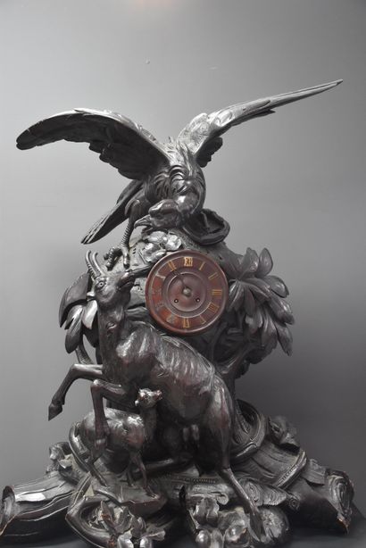 null Important Black Forest clock, eagle attacking an ibex and its young. Japy movement...