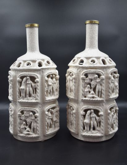 Pair of cracked ceramic bottles with openwork...