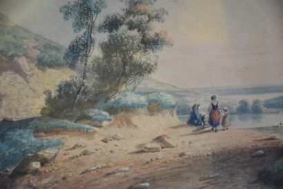null 1830年左右的水彩画。农民家庭走下山谷。尺寸：26 x 19厘米。