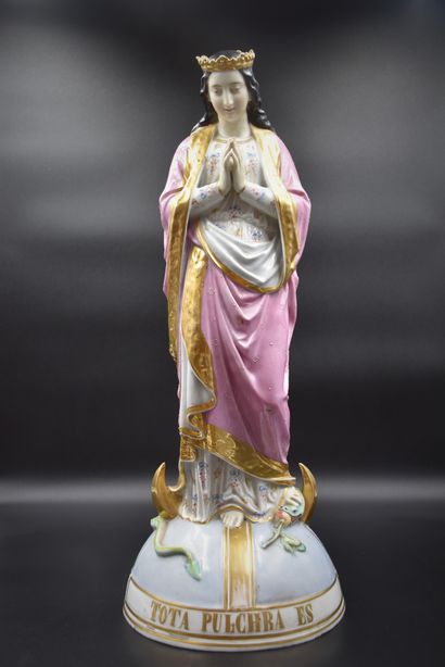 null Important Virgin in Brussels porcelain, polychrome and gilded Height: 54 cm....