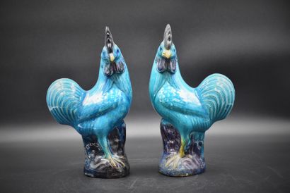 null Pair of turquoise ceramic roosters. China 19th century. Height : 25 cm.