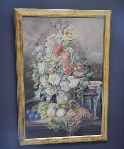 F. Charette (1807-1895)., F. CHARETTE (1807-1895). Watercolour, still life with flowers...