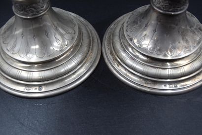 null A pair of silver candlesticks. 19th century. Height : 30 cm.