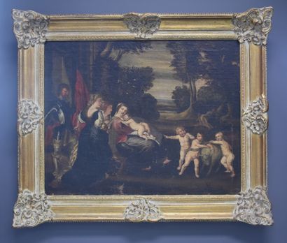 null 佛兰德学校，18世纪初。寓意深刻的耶稣诞生场景。布面油画，修复。尺寸：62 x 72厘米。