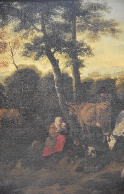null Flemish school XVIIth century. The shepherd family and his flock in the mountains....