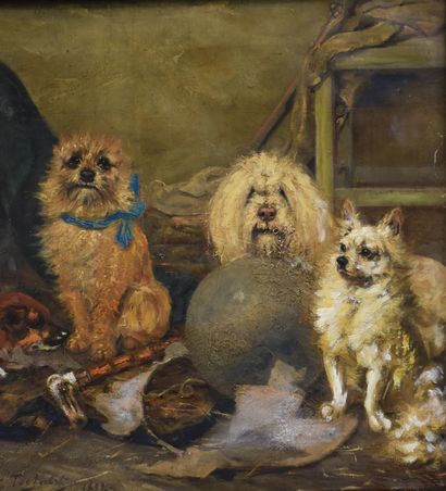 Albert Toefaerts (1856-1909). Albert TOEFAERTS (1856-1909). Groupe de chiens dans...