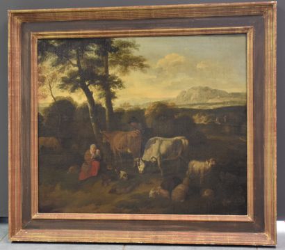 佛兰德学校 十七世纪。山中的牧羊人家庭和他的羊群。布面油画（修复，衬里）左下角签名...