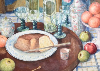 Anna Boch (1848-1836)., 安娜-博奇（1848-1936）。重要的静物画，在一张装饰有玻璃杯、水果和蛋糕的桌子上放着一个带有花束的广东瓷瓶。尺寸：98...