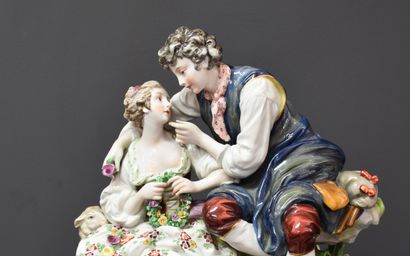 null Romantic group in polychrome porcelain around 1900. (Ludwigsburg ?) Signed Laboury...