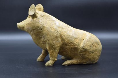 Henri SAMOUILOV (1930-2014), 亨利-萨穆伊洛夫(1930-2014)铜制猪，有棕色/绿色的铜锈。Luc Harzé版，编号为2/8 ...