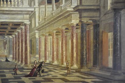 null 布面油画 18世纪。在一个有多根柱子的宫殿里的动画场景。归功于克里斯蒂安-斯托克林。折叠，旧的修复。尺寸：42 x 59厘米。