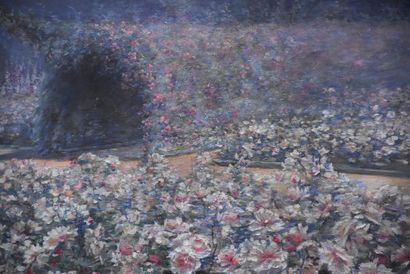 Clémence HANAPPE (1869-1955) 克莱蒙斯-汉纳普（1869-1955）。玫瑰园。布面油画。尺寸：56 x 60厘米。