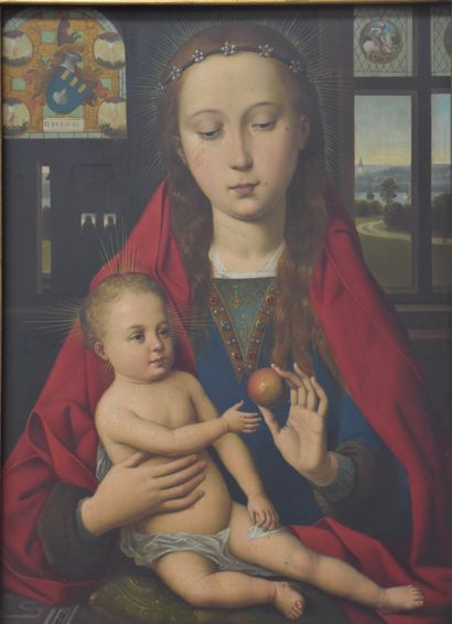 null Huile sur panneau de métal : Vierge à l'enfant dans le goût du XV ème siècle....