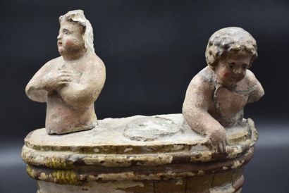 null The children of St. Nicholas Polychrome stone. (Damage and missing parts). 18th...