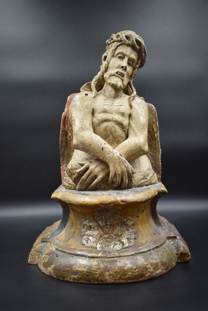 null A carved and polychromed wood bust of Christ with ties and crown of thorns....