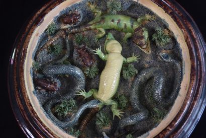 null 
Important plat creux en majolique dans le goût de Palissy à décor de serpents...