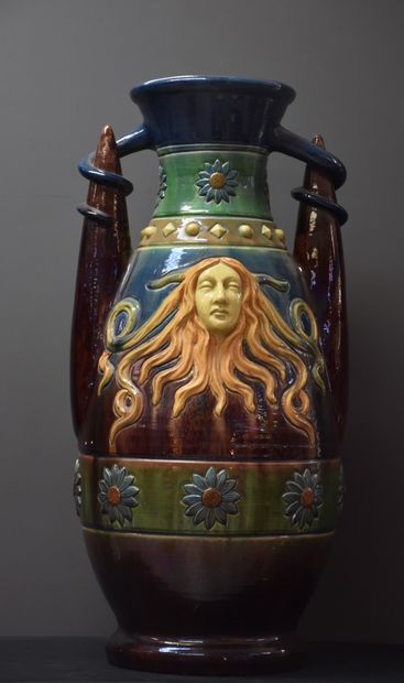 null Important art nouveau vase in Flemish stoneware. Height : 72 cm.