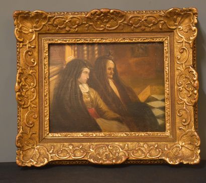 年轻的尼姑和女院长。橡木板上的油画，19世纪末的作品，署名L. Lays。尺寸：29...