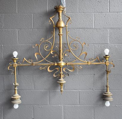 null Art nouveau chandelier in bronze and copper. Height : 130 cm. Width : 135 c...