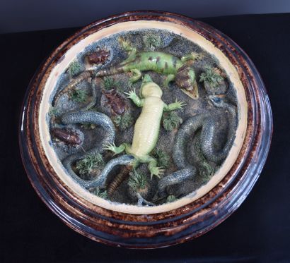 null 
重要的帕里西风格的金刚砂空心盘，有蛇和凯门的装饰。葡萄牙制造的卡尔达斯。蛇的两个爪子和尾巴都不见了。直径：45厘米。
