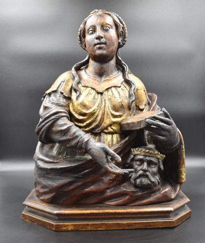 null Sculpture of a saint with a king's bust. Carved and polychromed wood end of...