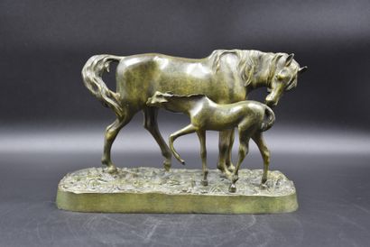 null Equestrian group in bronze with green patina. The mare and her foal. Quality...