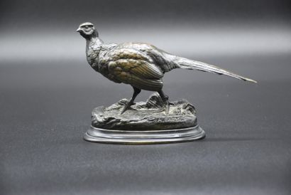 Alfred Barye (1839-1895)., 阿尔弗雷德-巴耶（1839-1895）。青铜制的木鸡，带有深色的铜锈。高度：11厘米。总长度：18厘米。