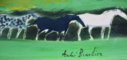 André BRASILIER (né en 1929) 安德烈-布拉西里耶（生于1929年）。秋天的山谷。草地上的马匹队伍。布面油画，已签名。2016年4月阿古特斯拍卖会然后比利时私人收藏（艺术家的私人关系）。尺寸：34...