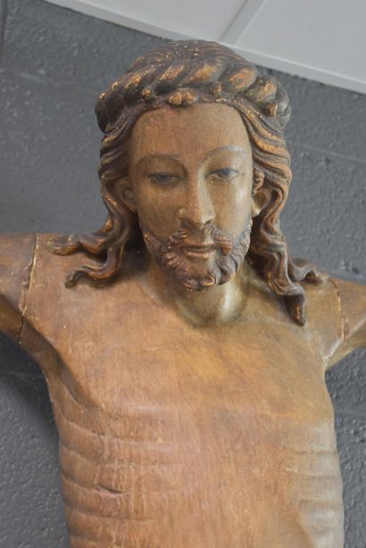 null Important neo-Gothic Christ in plaster with a trompe l'oeil patina in polychromed...