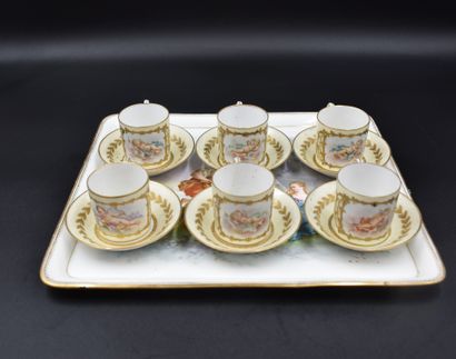 塞夫勒瓷器套装，包括一个带有浪漫装饰的长方形盘子和6个带有普提装饰的杯子和茶碟。