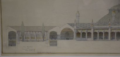 null 水粉画的建筑图，有水粉的亮点。有火葬纪念碑的墓地。署名汉诺丁。1900年1月。