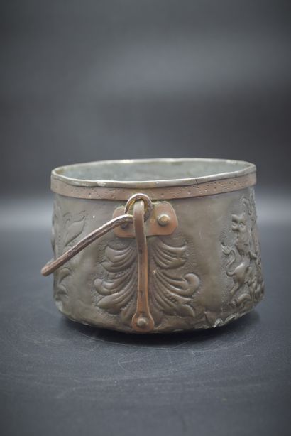 null 18th century copper cauldron with fleur-de-lis, coat of arms decoration and...