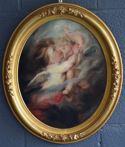 null Oil on canvas XIX th century. Two cherubs catching a dragonfly. Height: 60 ...