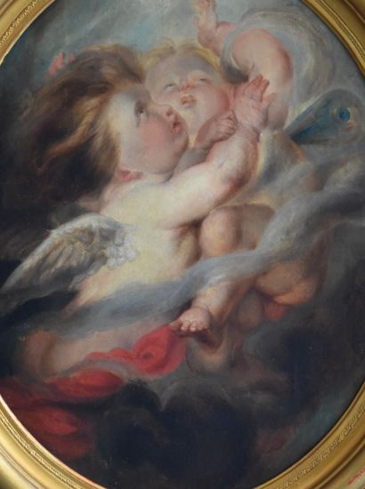 null Oil on canvas XIX th century. Two cherubs catching a dragonfly. Height: 60 ...