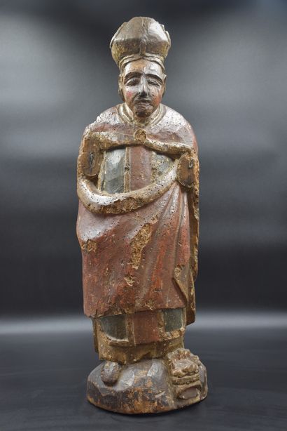 null Saint with a mitre. Carved and polychromed wood around 1600. Height : 60 cm...