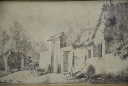 null 古老的图画，有茅草屋的风景，日期为1831年。尺寸：17 x 10 cm
