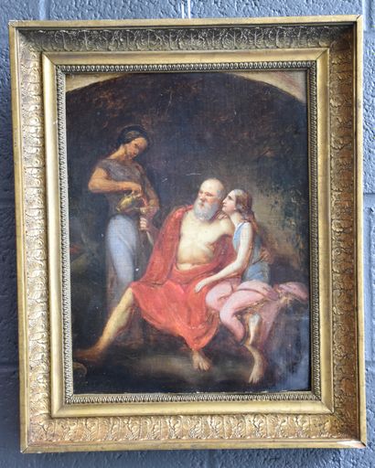 null Allegory of the old Bacchus. Oil sketch on cardboard circa 1820 (warped). Gilt...