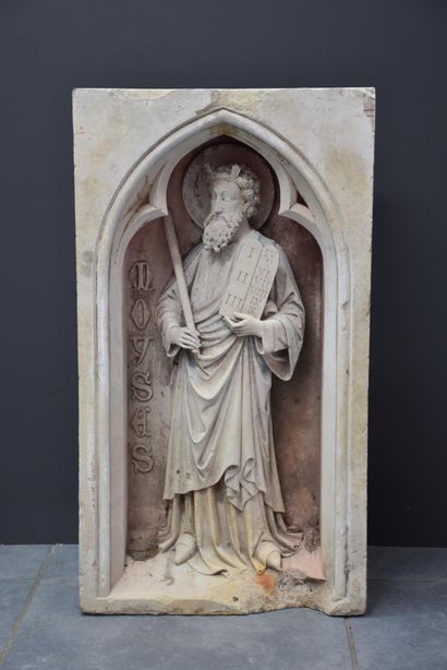 null Neo-Gothic sculpture in French stone with the effigy of Moses in a three-lobed...
