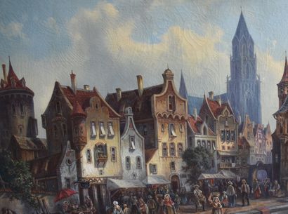 null Important oil on canvas representing a busy Flemish/Dutch city quay (Antwerp)....