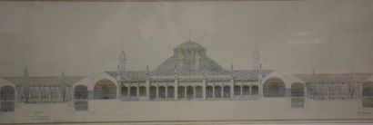 null 水粉画的建筑图，有水粉的亮点。有火葬纪念碑的墓地。署名汉诺丁。1900年1月。