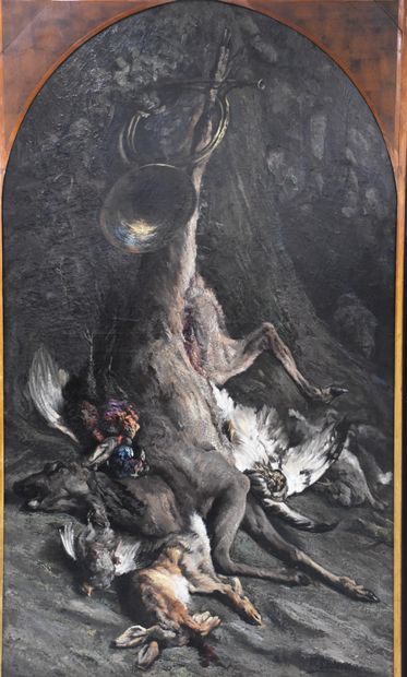 Paul Leduc (1876-1943) 保罗-LEDUC（1876-1943）。重要的静物画，有猎物和狩猎的角。用原来的发黑的木头装裱。尺寸：200厘米×...