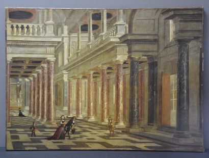 null Huile sur toile XVIII ème. Scène animée dans un palais aux multiples colonnes....