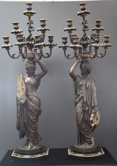 null Imposante paire de torchères en bronze de style néo-classique figurant des musiciennes...