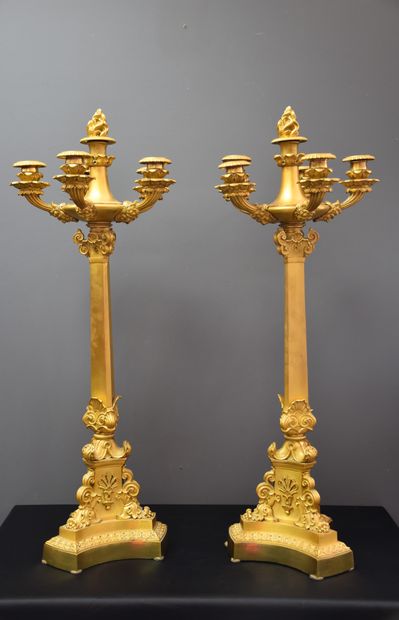 null Paire de candélabres en bronze doré d'époque Charles X. Branches en forme de...