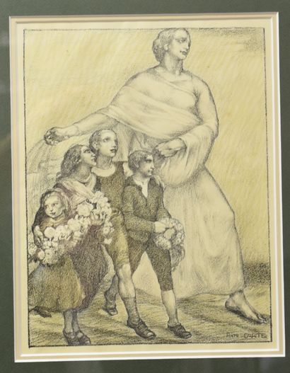 Anto CARTE( 1886-1954). Anto CARTE( 1886-1954). Lithographie, la mère et les enfants...