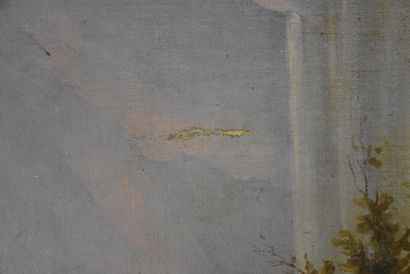 null Importante huile sur toile XVIIIème représentant une scène galante entre un...