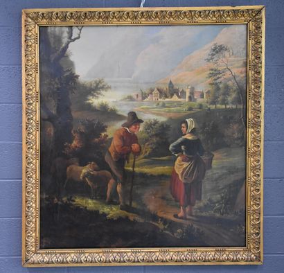 null Importante huile sur toile XVIIIème représentant une scène galante entre un...