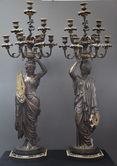 null Imposante paire de torchères en bronze de style néo-classique figurant des musiciennes...
